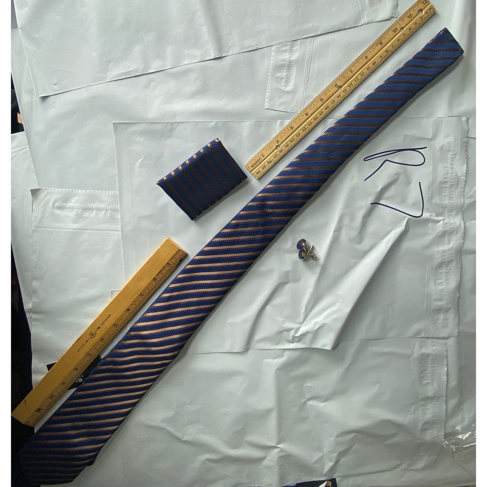 lue & Gold Striped Tie Set (Tie + Pocket‎ Square + Cufflinks)